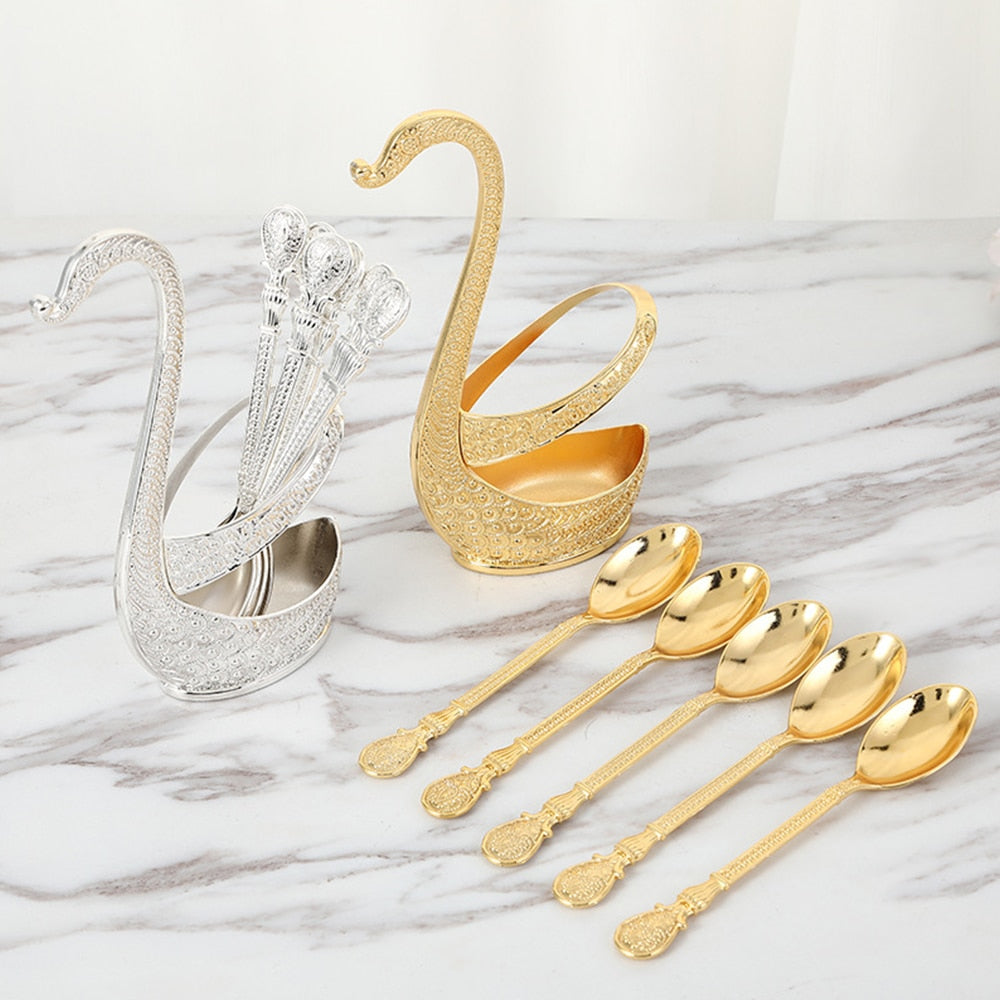 Stainless Steel Creative Dinnerware Set Decorative Swan Base Holder with 6 Spoons for Coffee Fruit Dessert Stirring Mixing