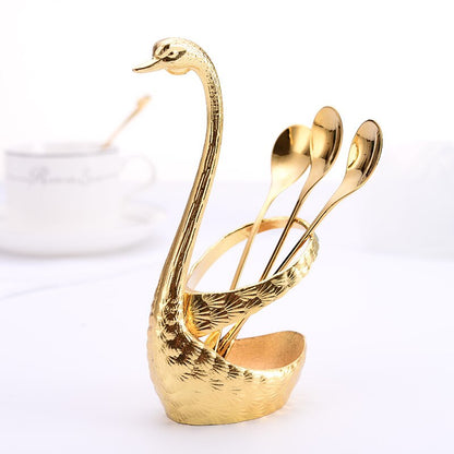 Stainless Steel Creative Dinnerware Set Decorative Swan Base Holder with 6 Spoons for Coffee Fruit Dessert Stirring Mixing