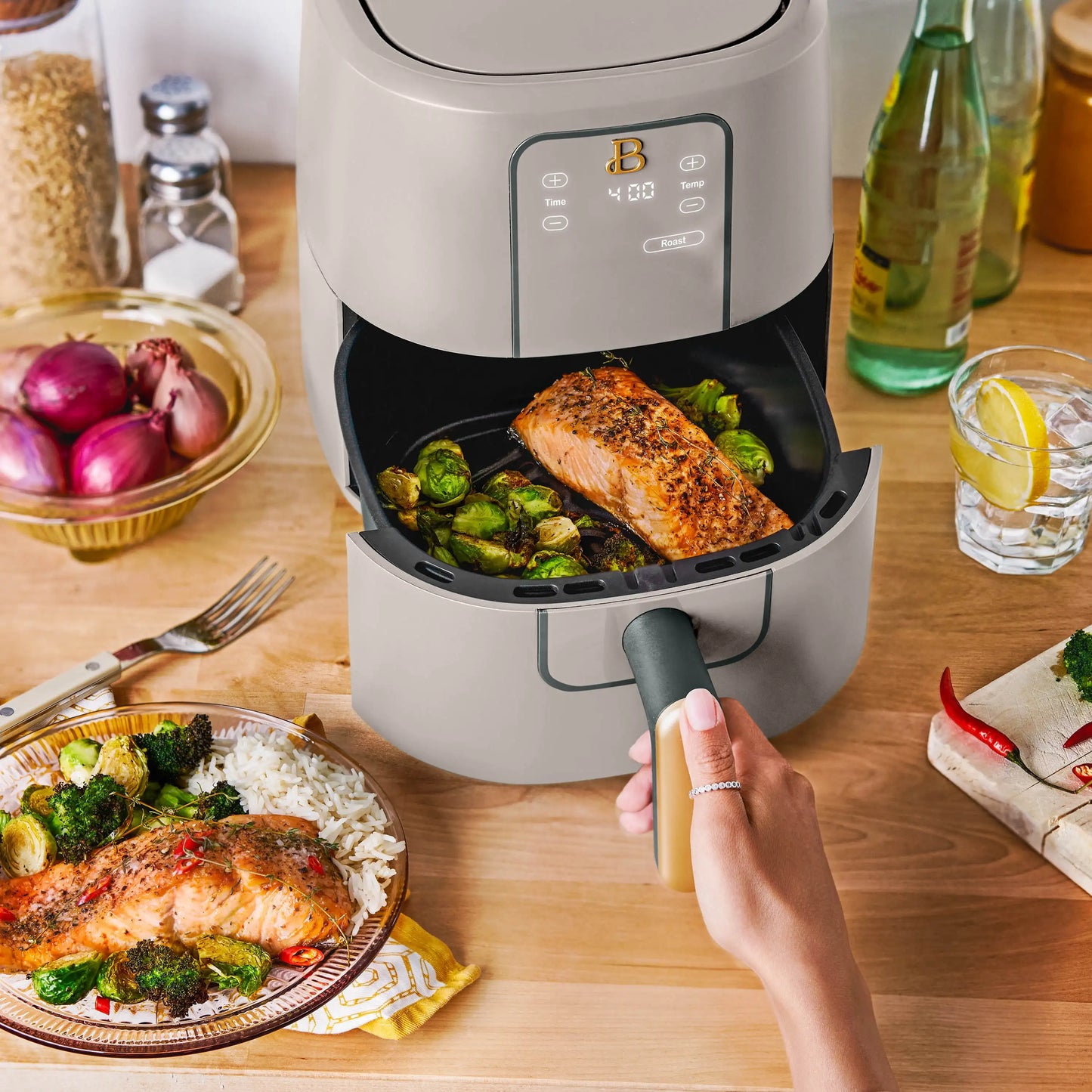 Beautiful 3 Qt Air Fryer with TurboCrisp Technology, Porcini Taupe by Drew Barrymore