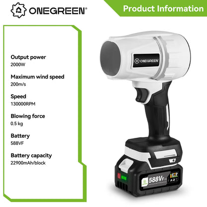 ONEGREEN 2000W Electric White Turbo Fan Blowers 200M/S Handheld Jet Fan Snow Leaf Dust Blowing Power Tool for Makita 18V Battery