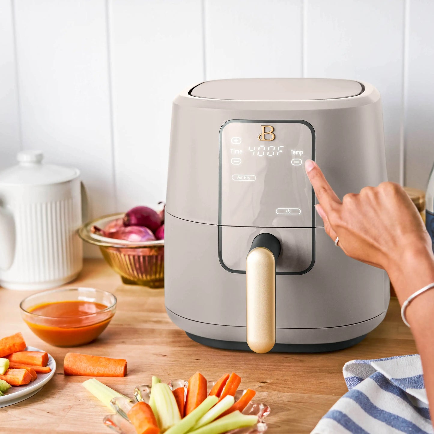 Beautiful 3 Qt Air Fryer with TurboCrisp Technology, Porcini Taupe by Drew Barrymore