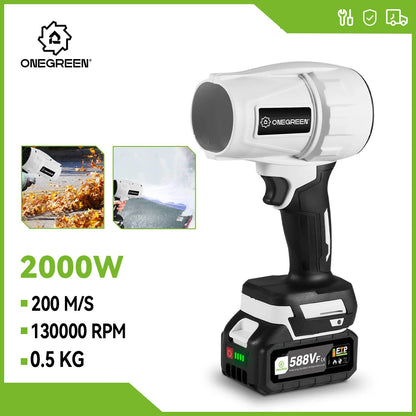 ONEGREEN 2000W Electric White Turbo Fan Blowers 200M/S Handheld Jet Fan Snow Leaf Dust Blowing Power Tool for Makita 18V Battery